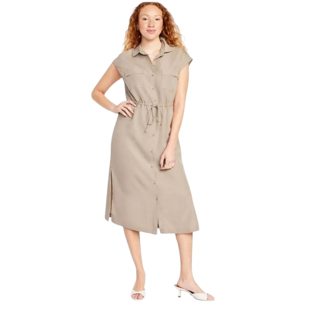 Old Navy Khaki Sleeveless Utility Shirt Dress Pockets & Drawstring Waist size L